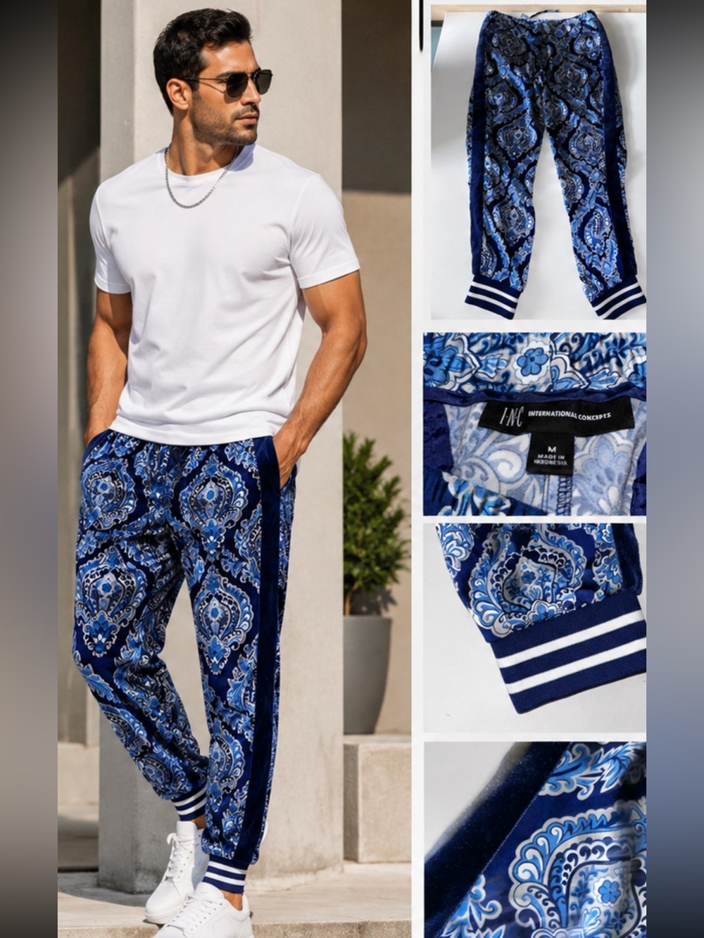 INC Blue Paisley Satin Baroque Jogger Pants White Navy Blue Stripe Medium